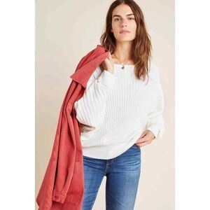 Anthropologie Boat Neck Ribbed Bat Wing Sweater Cream Wool Alpaca Womens Medium